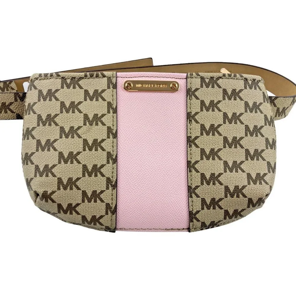 *New Michael Kors Brown Pink Print Waist Bag Fanny Pack Small Synthetic Buckle